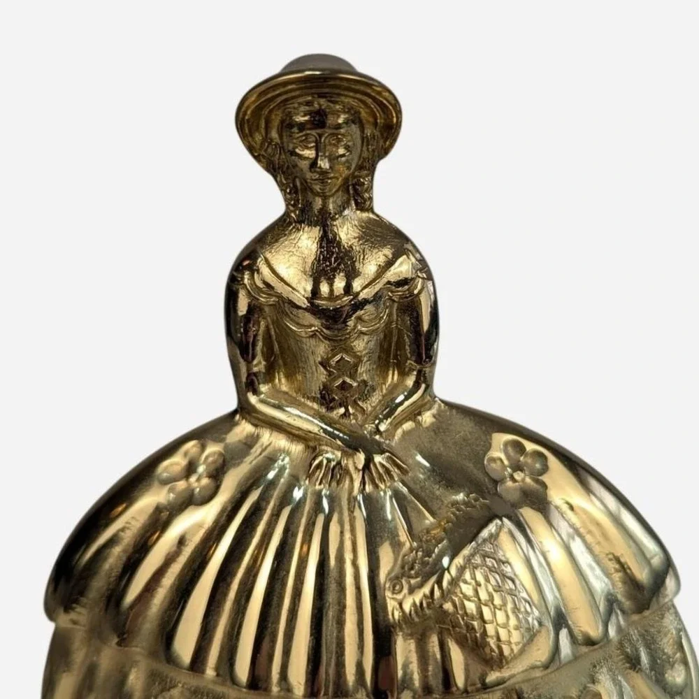 Vintage Brass Crinoline Lady Dinner Bell Bonnet Tiered Skirt Floral 3.5 in